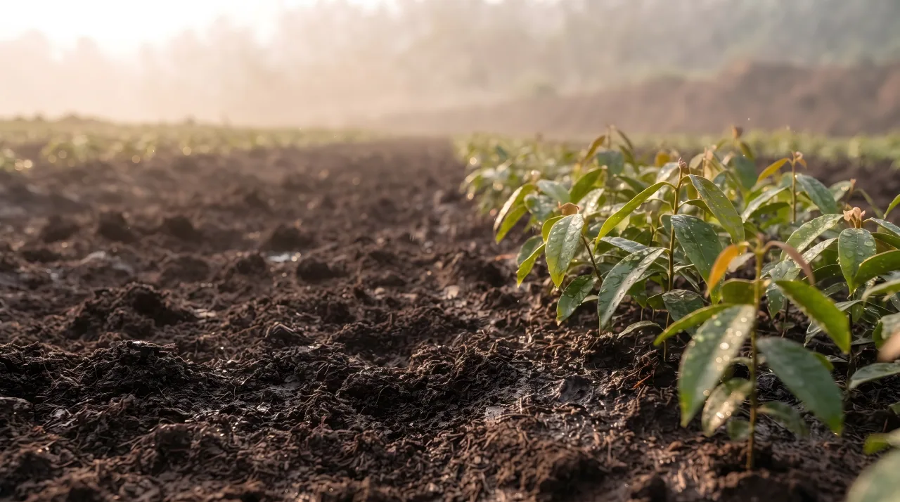 A row of young cinnamon seedlings in dark, freshly turned earth at sunrise