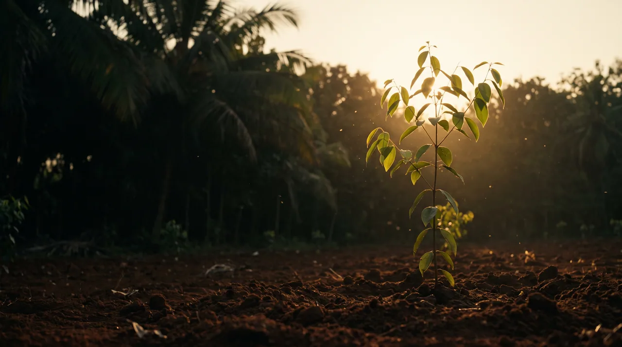 A young cinnamon sapling backlit by the setting sun in freshly turned plantation soil