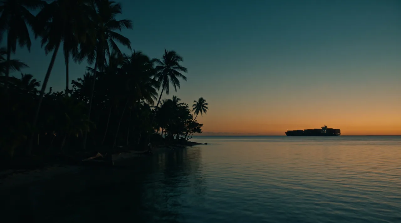 A container ship on the horizon at dusk, seen from a palm-lined Sri Lankan shore