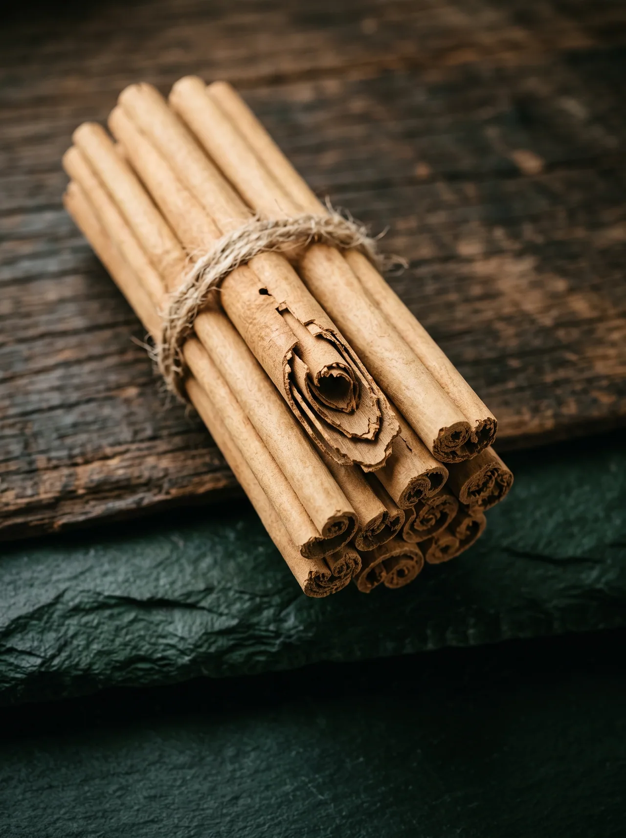A bundle of Ceylon cinnamon quills tied with twine on dark weathered wood