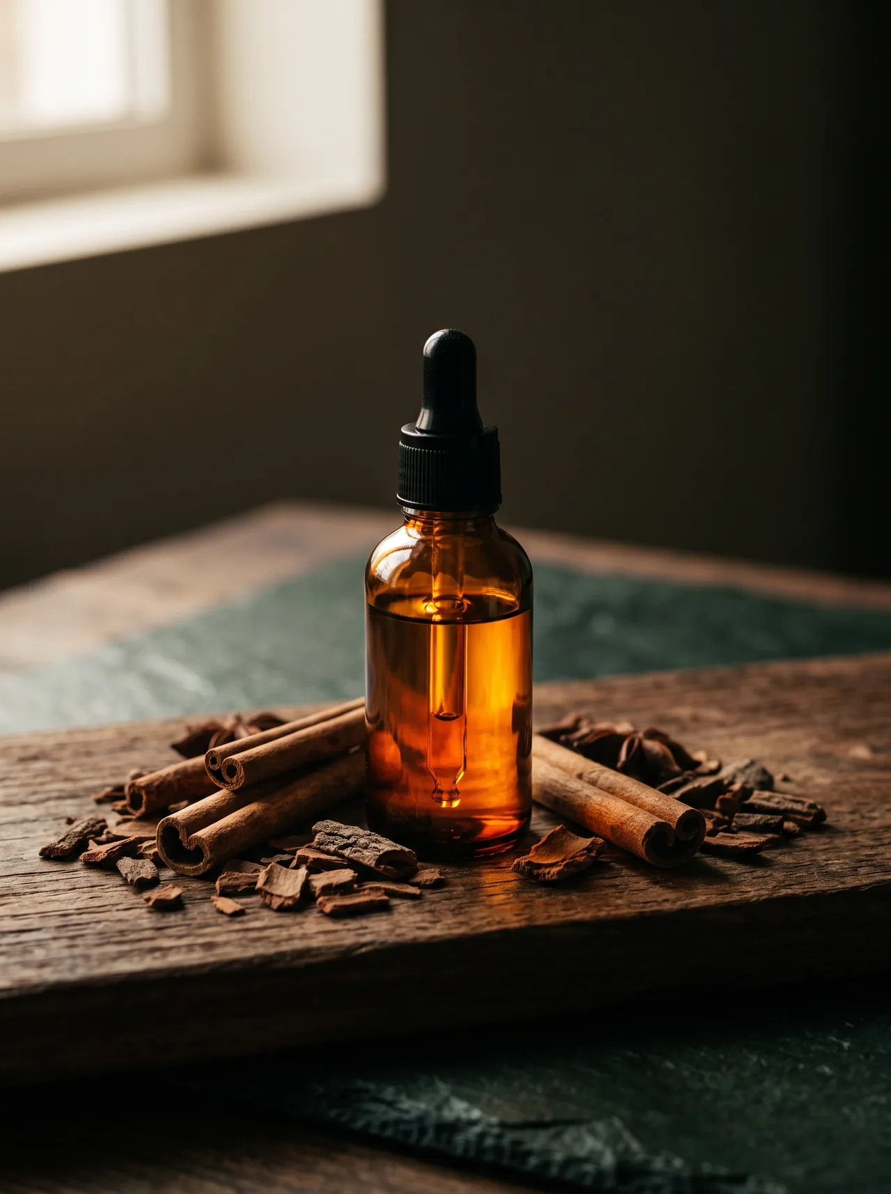 An amber dropper bottle of cinnamon bark oil among broken cinnamon bark