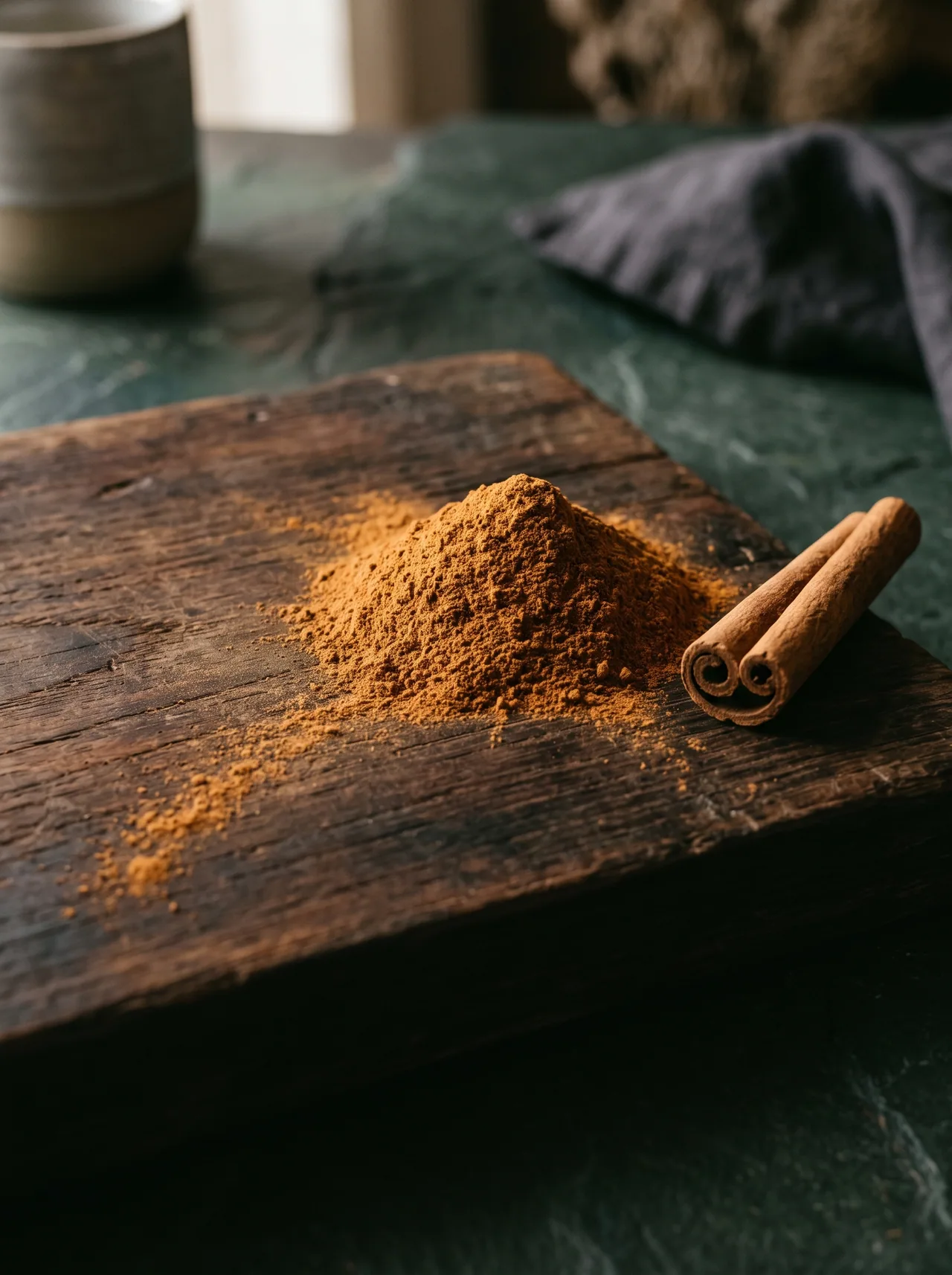 A mound of ground cinnamon beside a single quill on a rustic board