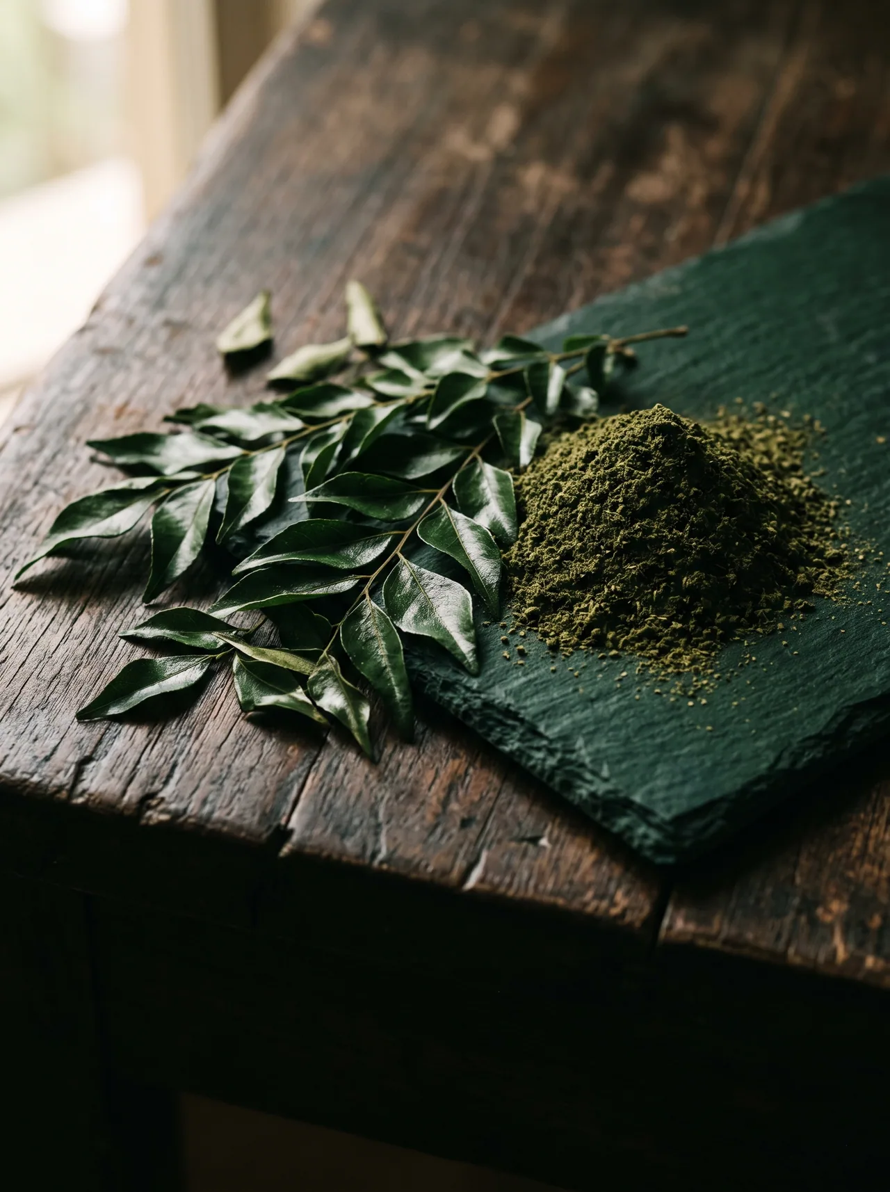 A sprig of curry leaves beside a mound of curry leaf powder on dark slate