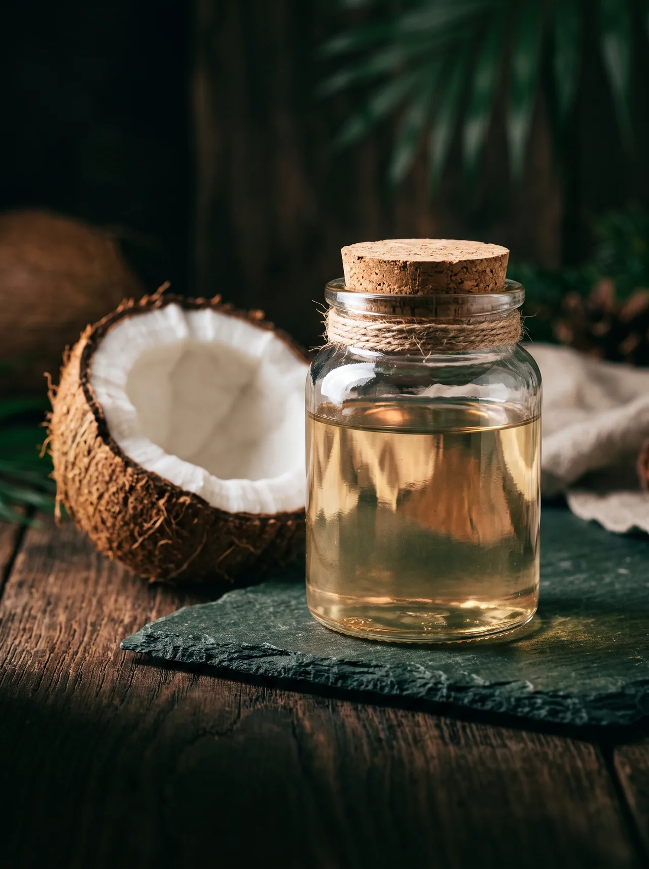 A corked glass jar of virgin coconut oil beside a split coconut