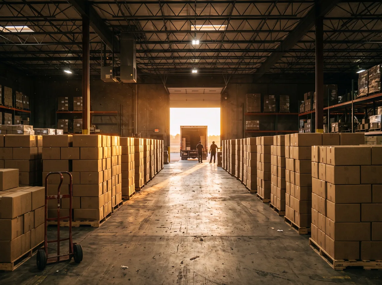 Stacked cartons in a packing warehouse beside an open loading door