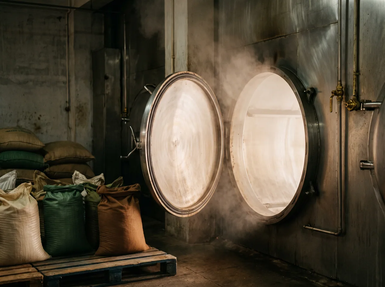 A steam sterilisation chamber with its door open, steam still hanging in the air
