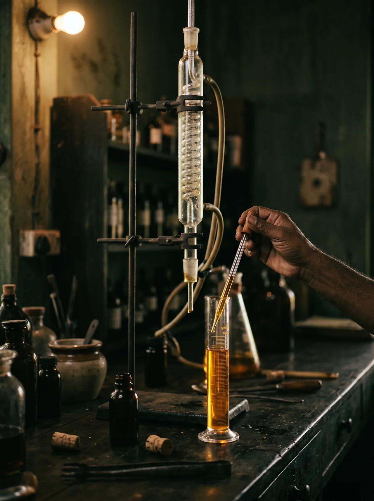 A pipette drawing amber essential oil into a cylinder beneath a condenser column